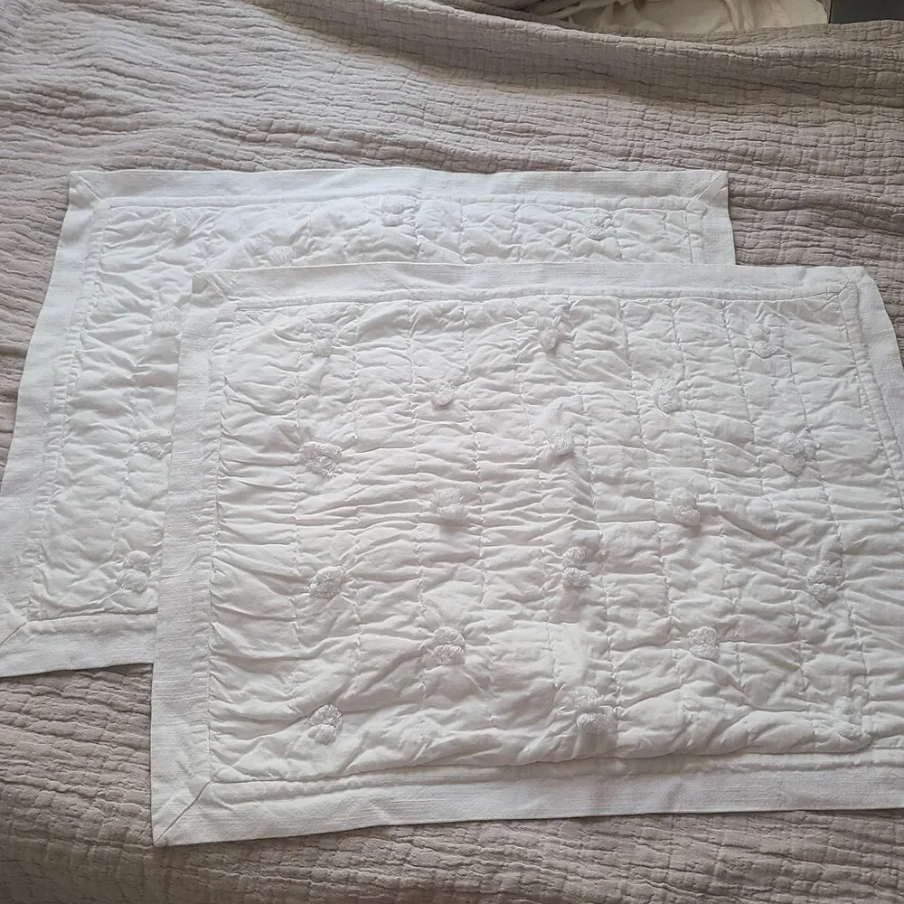 Pottery Barn Set (2) Shams Cotton White Standard Pom Pom Quilted 19.5